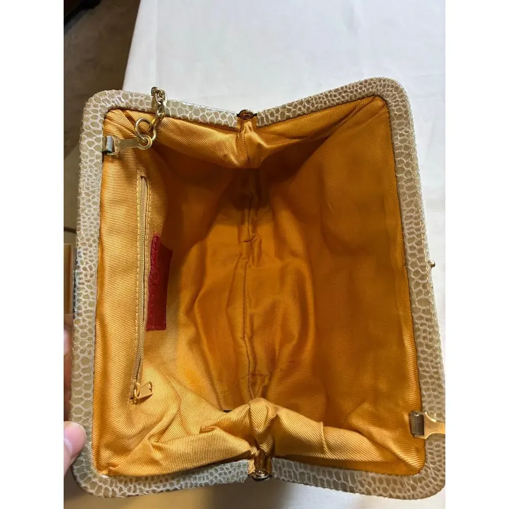 Y2K HOBO The Original Leather Frame Clutch Taupe Snakeskin Embossed Evening Bag